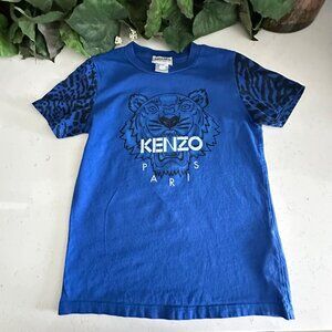 Kenzo Kids Blue Tiger Print T-Shirt With Animal Pattern Sleeves 8A/128
